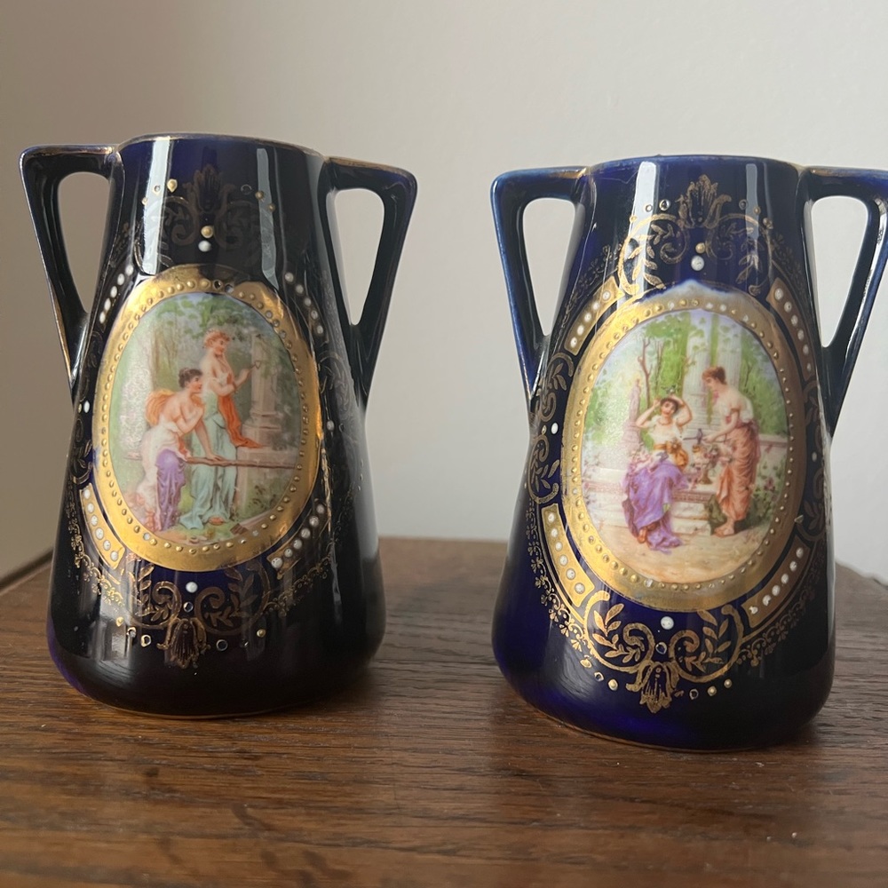 Antique Cobalt Blue Royal Vienna Vases (Set of 2) Beehive mark